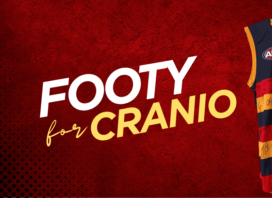 Footy for Cranio campaign poster with red background and football jersey.